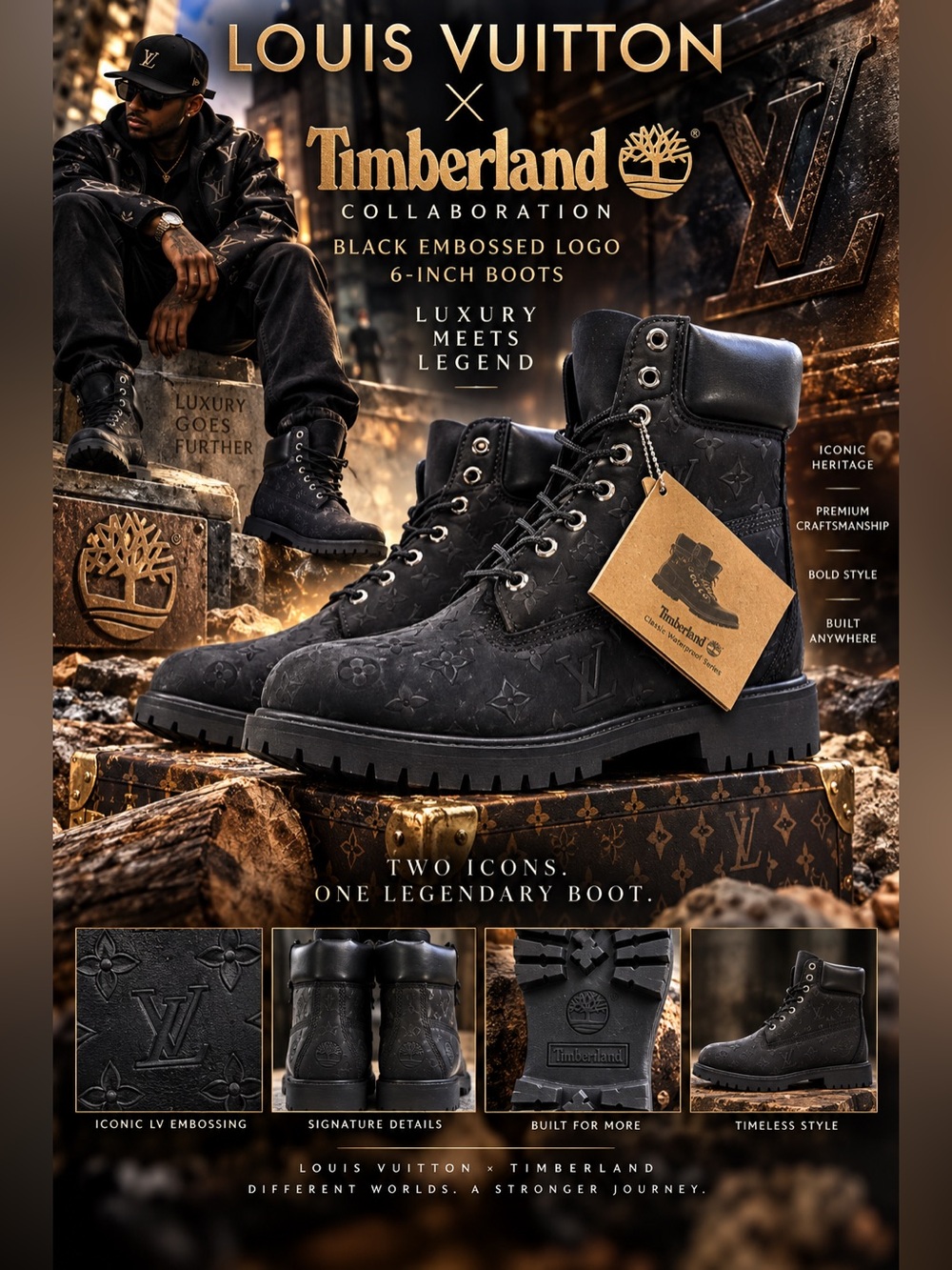 New!🔥Louis Vuitton/Timberland Collaboration Black Embossed Logo 6-Inch Boots!🔥